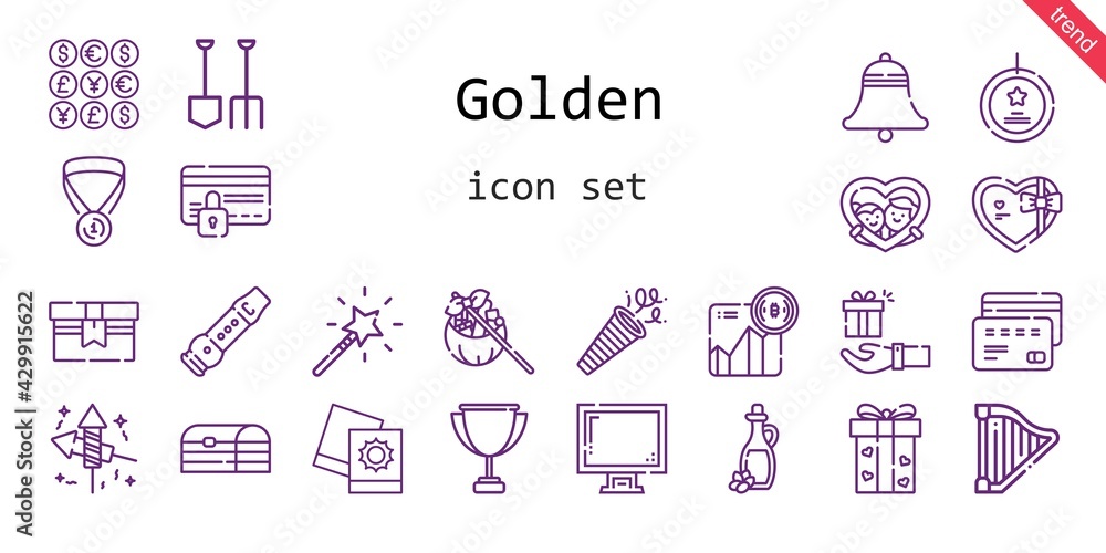 golden icon set. line icon style. golden related icons such as gift, confetti, coins, harp, display, shovel, best seller, fireworks, bell, pictures golden icon set. line icon style. golden related icons such as gift, confetti, coins, harp, display, shovel, best seller, fireworks, bell, pictures