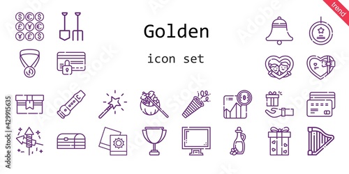 golden icon set. line icon style. golden related icons such as gift  confetti  coins  harp  display  shovel  best seller  fireworks  bell  pictures  