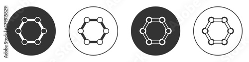 Black Molecule icon isolated on white background. Structure of molecules in chemistry, science teachers innovative educational poster. Circle button. Vector