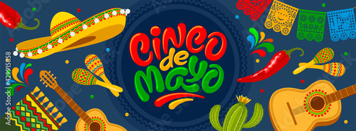 Cinco de Mayo banner template for mexico independence celebration with traditional papercut flags and other symbols of holiday. Lettering calligraphy inscription Cinco de Mayo. Vector illustration. 