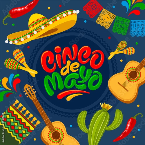 Cinco de Mayo banner template for mexico independence celebration with traditional papercut flags and other symbols of holiday. Lettering calligraphy inscription Cinco de Mayo. Vector illustration. 