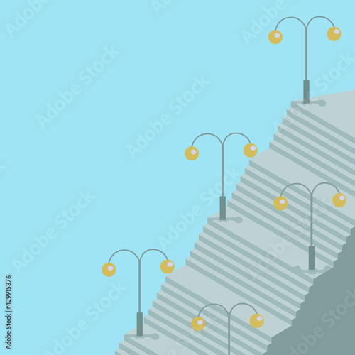 Airy fresh vector illustration of outdoors grey stairs and bulb lanterns with warm light on blue background and free space for your text