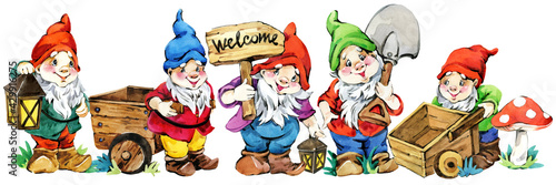 Cute Garden Gnomes isolated on white background. Watercolor illustration