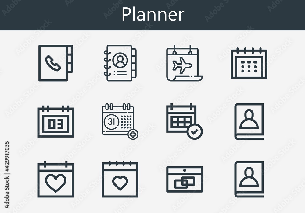 Premium set of planner line icons. Simple planner icon pack. Stroke vector illustration on a white background. Modern outline style icons collection of Calendar, Agenda Premium set of planner line icons. Simple planner icon pack. Stroke vector illustration on a white background. Modern outline style icons collection of Calendar, Agenda