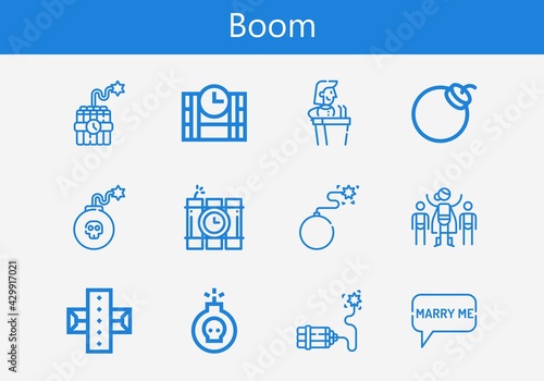 Premium set of boom line icons. Simple boom icon pack. Stroke vector illustration on a white background. Modern outline style icons collection of Superhero, Speech bubble, Dynamite, Dinamite