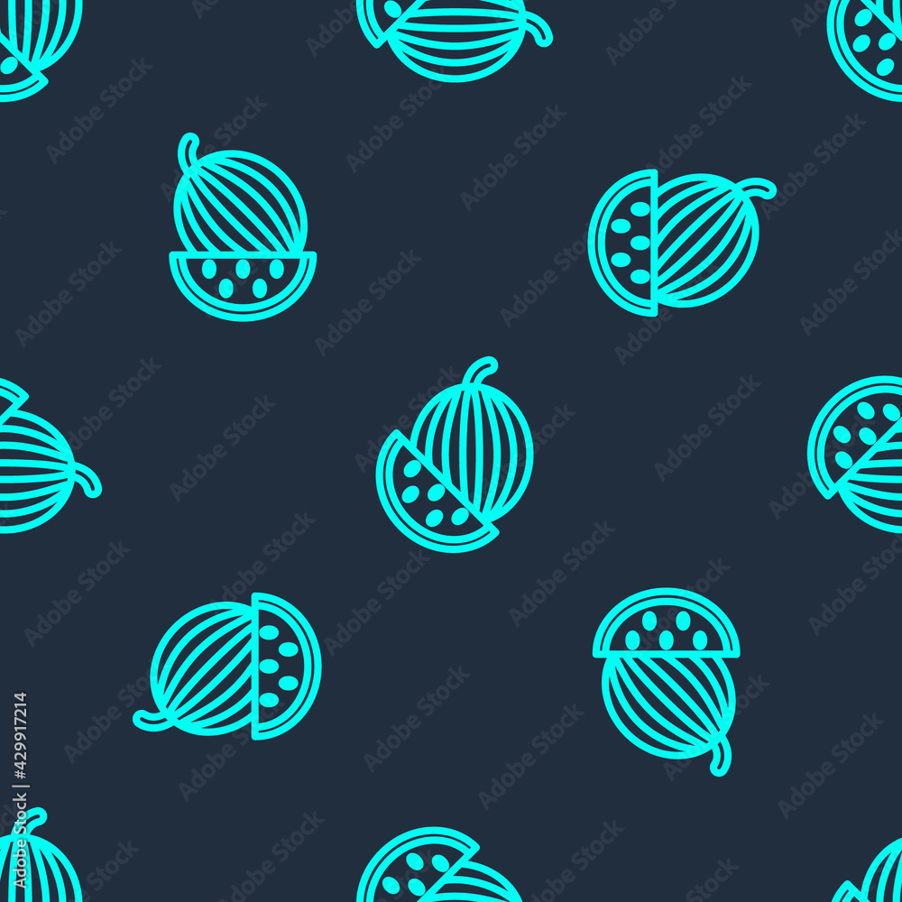 Green line Watermelon icon isolated seamless pattern on blue background. Vector