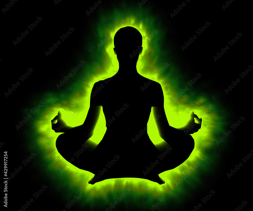 Meditating yoga figure with glowing green aura illustrating mindfulness and  zen state of consciousness Stock Illustration | Adobe Stock