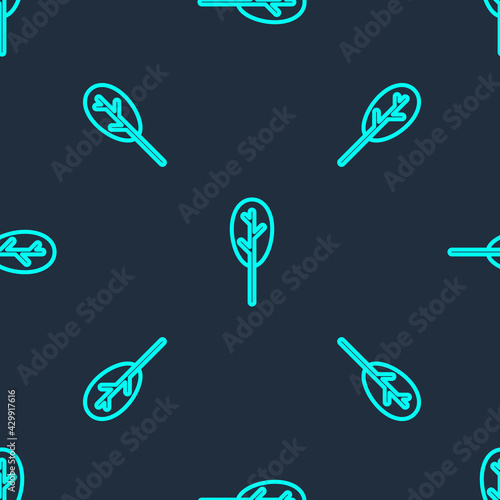 Green line Spinach icon isolated seamless pattern on blue background. Vector