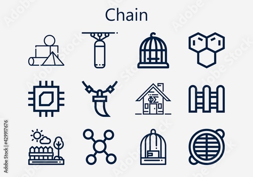 Premium set of chain [S] icons. Simple chain icon pack. Stroke vector illustration on a white background. Modern outline style icons collection of Molecule, Necklace, Blocks, Punching bag, Fences photo