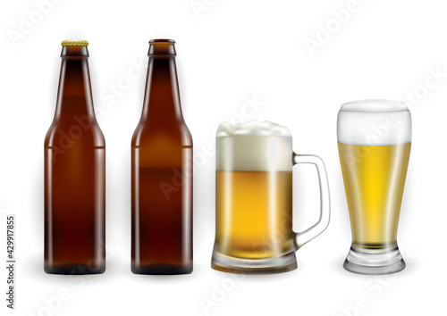 Beer bottles, mug and glass