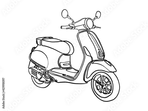 Scooter for travel. Motobike. continuous line vector drawing. Isolated on a white background.