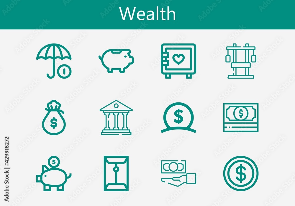 Premium set of wealth line icons. Simple wealth icon pack. Stroke vector illustration on a white background. Modern outline style icons collection of Coin, Chest, Money Premium set of wealth line icons. Simple wealth icon pack. Stroke vector illustration on a white background. Modern outline style icons collection of Coin, Chest, Money