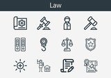 Premium set of law line icons. Simple law icon pack. Stroke vector illustration on a white background. Modern outline style icons collection of Police badge, Human rights, Law, Auction, Documentation
