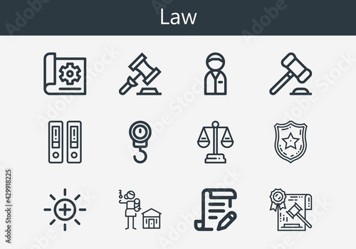 Premium set of law line icons. Simple law icon pack. Stroke vector illustration on a white background. Modern outline style icons collection of Police badge, Human rights, Law, Auction, Documentation