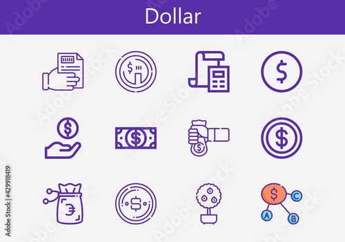 Premium set of dollar line icons. Simple dollar icon pack. Stroke vector illustration on a white background. Modern outline style icons collection of Coin, Money, Money tree, Receipt, Dollar
