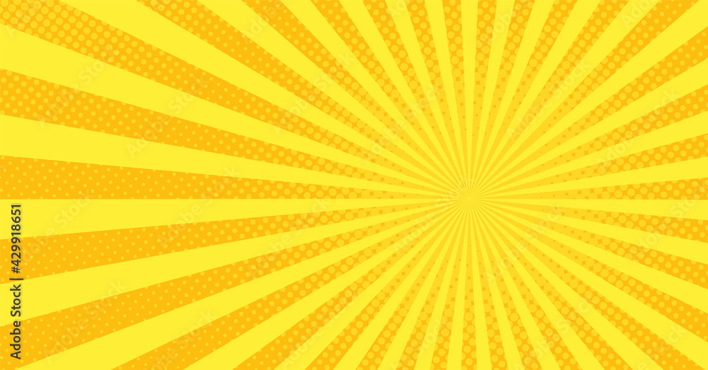 Pop art background. Comic cartoon texture with halftone and sunburst. Yellow starburst pattern. Retro effect with dots. Vintage sunshine banner. Superhero wow backdrop. Vector illustration.