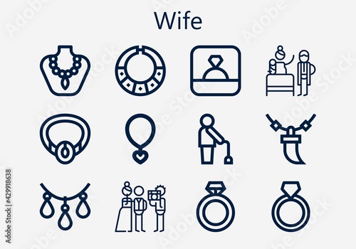 Premium set of wife [S] icons. Simple wife icon pack. Stroke vector illustration on a white background. Modern outline style icons collection of Necklace, Ring, Old man, Newlyweds, Birth