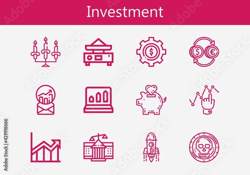 Premium set of investment line icons. Simple investment icon pack. Stroke vector illustration on a white background. Modern outline style icons collection of Coin, Courthouse, Candlestick, Graph © Nadir