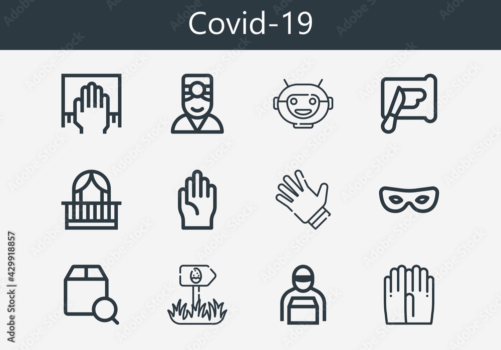 Premium set of covid-19 line icons. Simple covid-19 icon pack. Stroke vector illustration on a white background. Modern outline style icons collection of Robot mask, Gloves Premium set of covid-19 line icons. Simple covid-19 icon pack. Stroke vector illustration on a white background. Modern outline style icons collection of Robot mask, Gloves