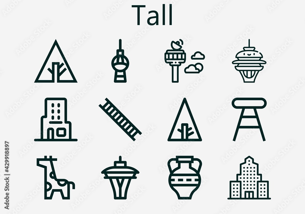 Premium set of tall [S] icons. Simple tall icon pack. Stroke vector illustration on a white background. Modern outline style icons collection of Stool, Ladder, Skyscraper, Amphora, Control tower