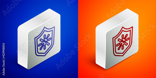 Isometric line Shield protecting from virus, germs and bacteria icon isolated on blue and orange background. Immune system concept. Corona virus 2019-nCoV. Silver square button. Vector