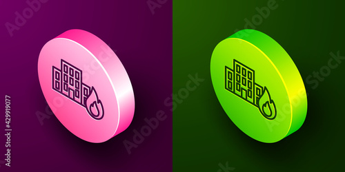Isometric line Fire in burning buildings on city street icon isolated on purple and green background. Destroyed city on fire. Circle button. Vector