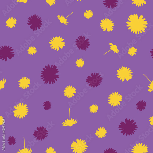 Daisy flower silhouettes vector seamless pattern on purple background
