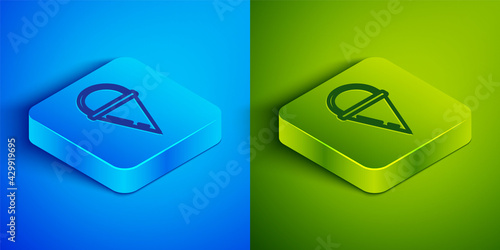 Isometric line Fire cone bucket icon isolated on blue and green background. Metal cone bucket empty or with water for fire fighting. Square button. Vector
