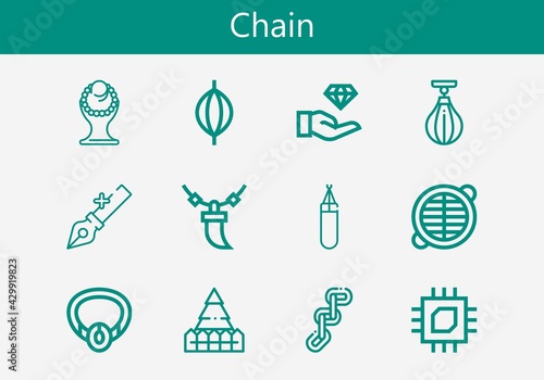 Premium set of chain line icons. Simple chain icon pack. Stroke vector illustration on a white background. Modern outline style icons collection of Chain, Necklace, Anchor, Punching bag, Boxing bag