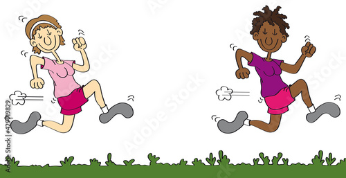 Staffellauf lustiger Cartoon mit zwei Läuferinnen, global running day
