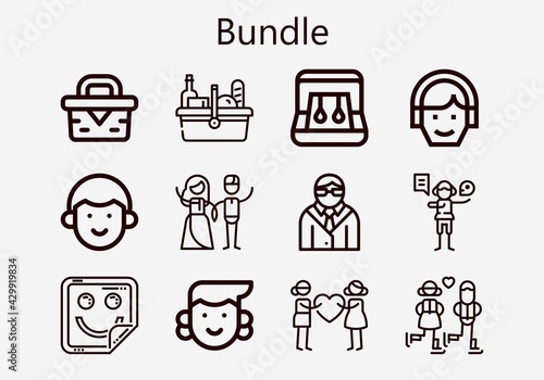 Premium set of bundle [S] icons. Simple bundle icon pack. Stroke vector illustration on a white background. Modern outline style icons collection of Earrings, Sticker, Picnic, Acting, Couple