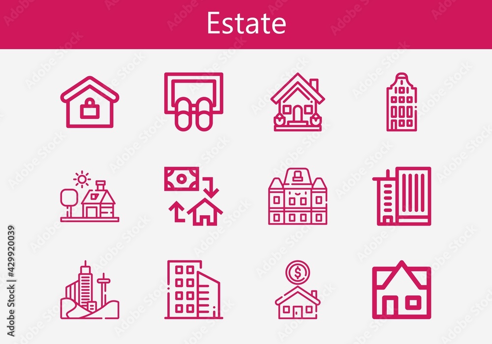 Premium set of estate line icons. Simple estate icon pack. Stroke vector illustration on a white background. Modern outline style icons collection of Building, Office building, Doormat, Houses