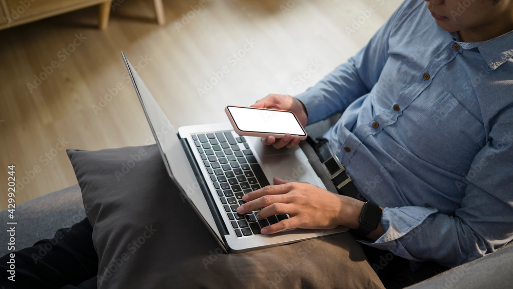 Cropped sot of casual young man resting on sofa using laptop computer and smart phone. Cropped sot of casual young man resting on sofa using laptop computer and smart phone.