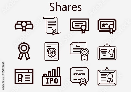 Premium set of shares [S] icons. Simple shares icon pack. Stroke vector illustration on a white background. Modern outline style icons collection of Diploma, Ipo, Certificate