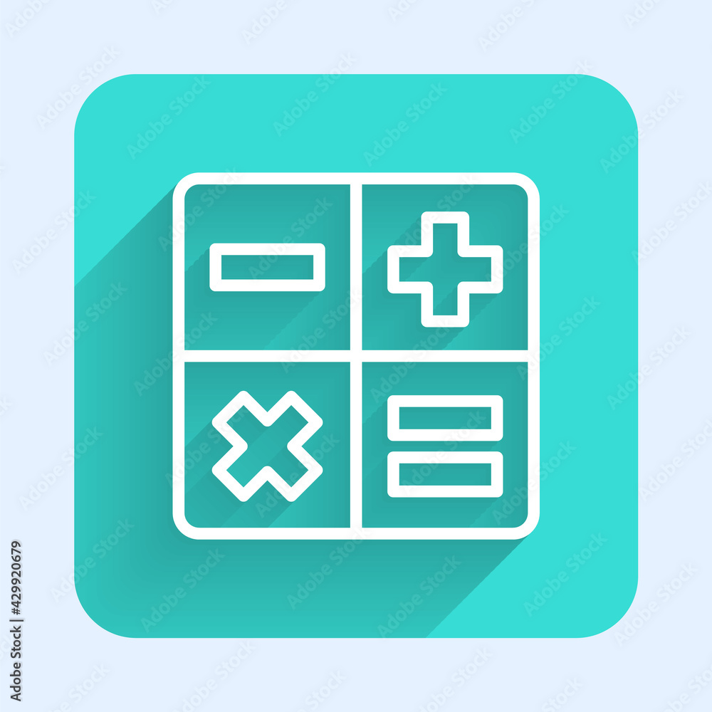 White line Calculator icon isolated with long shadow. Accounting symbol. Business calculations mathematics education and finance. Green square button. Vector White line Calculator icon isolated with long shadow. Accounting symbol. Business calculations mathematics education and finance. Green square button. Vector