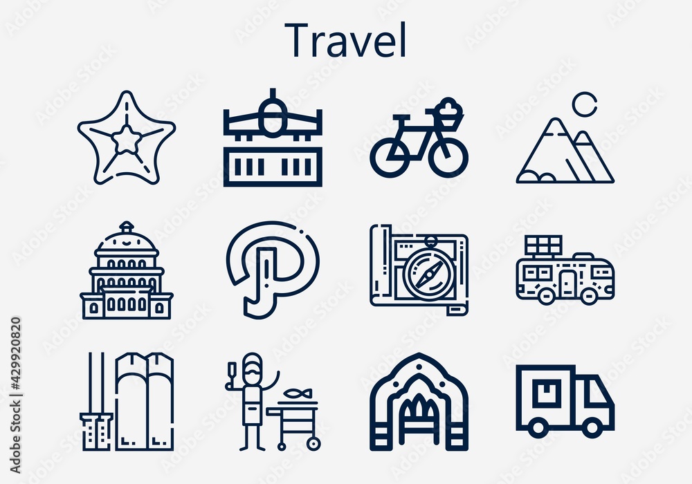 Premium set of travel [S] icons. Simple travel icon pack. Stroke vector illustration on a white background. Modern outline style icons collection of Mountains, Path, Ski, Airplane, Arch