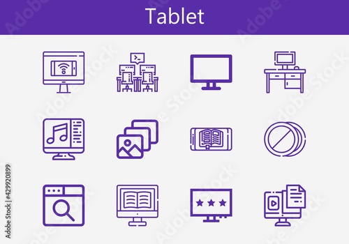 Premium set of tablet line icons. Simple tablet icon pack. Stroke vector illustration on a white background. Modern outline style icons collection of Pills, Desktop, Ebook