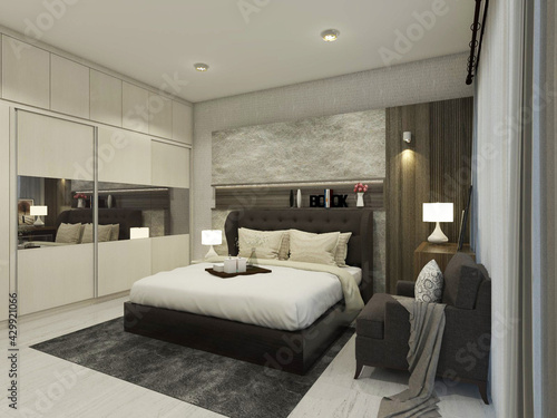 luxury master bedroom with wardrobe cabinet and back wall panel decoration