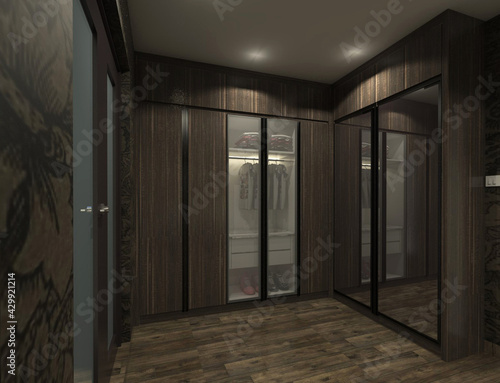 industrial fitting room concept using parquet flooring with wooden wardrobe clothes and showcase display cabinet 
