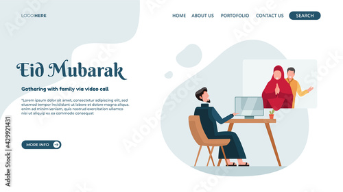 Vector illustration of Eid Mubarak online for landing page or web banner with the concept of family gathering via video call