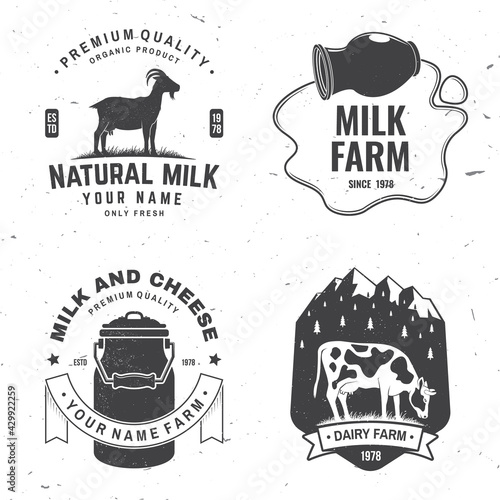 Dairy farm. Only fresh milk badge, logo. Vector. Typography design with cow , goat silhouette. Template for dairy and milk farm business - shop, market, packaging and menu