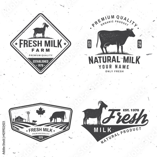 Dairy farm. Only fresh milk badge, logo. Vector. Typography design with cow , goat silhouette. Template for dairy and milk farm business - shop, market, packaging and menu
