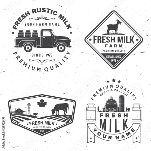 Fresh rustic milk badge, logo. Vector. Typography design with cow, milk farm, truck silhouette. Template for dairy and milk farm business - shop, market, packaging and menu