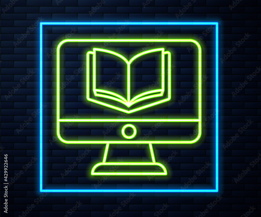Glowing neon line Online class icon isolated on brick wall background. Online education concept. Vector Glowing neon line Online class icon isolated on brick wall background. Online education concept. Vector