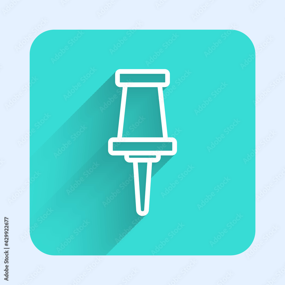 White line Push pin icon isolated with long shadow. Thumbtacks sign. Green square button. Vector White line Push pin icon isolated with long shadow. Thumbtacks sign. Green square button. Vector