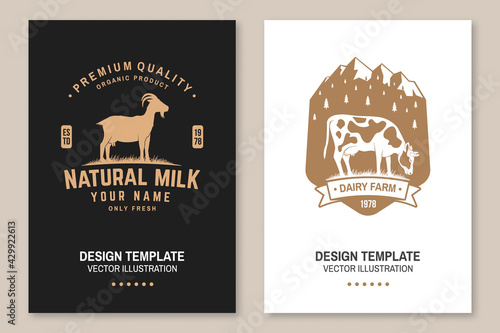 Dairy farm. Only fresh milk. Vector. Flyer, brochure, banner, poster design with cow, goat and mountain silhouette. Template for dairy and milk farm business - shop, market, packaging and menu
