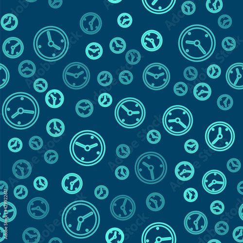 Green line Clock icon isolated seamless pattern on blue background. Time symbol. Vector