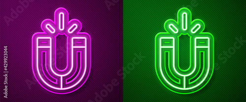 Glowing neon line Magnet icon isolated on purple and green background. Horseshoe magnet, magnetism, magnetize, attraction. Vector