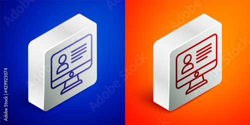 Isometric line Online class icon isolated on blue and orange background. Online education concept. Silver square button. Vector