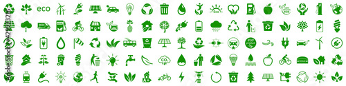 Set of 100 ecology icons. Eco green signs. Nature symbol – stock vector